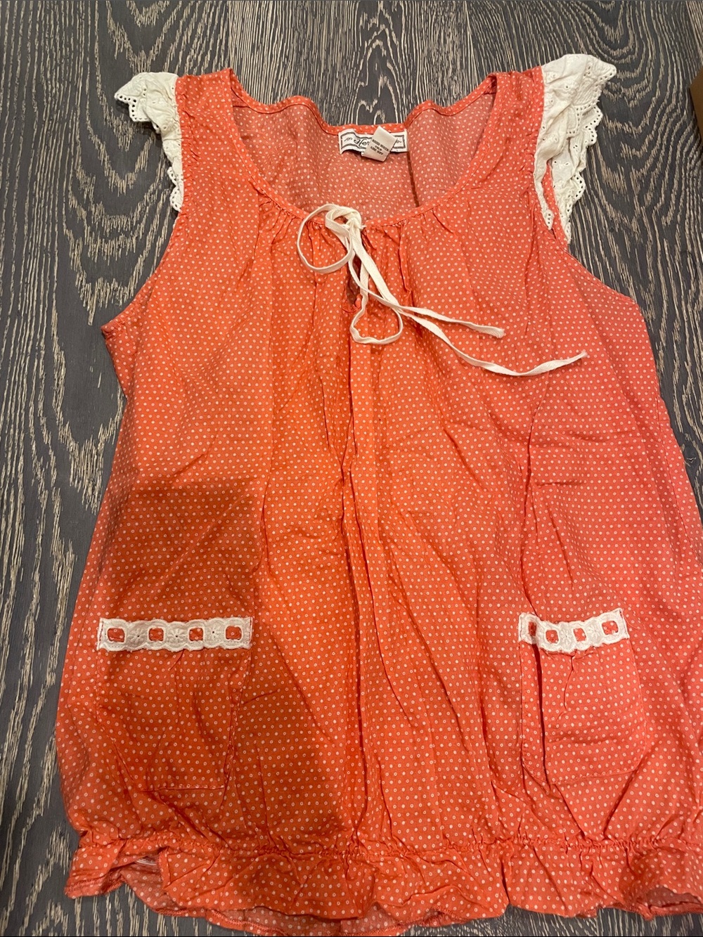 Orange Polka Dot Sleeveless top with Lace Trim